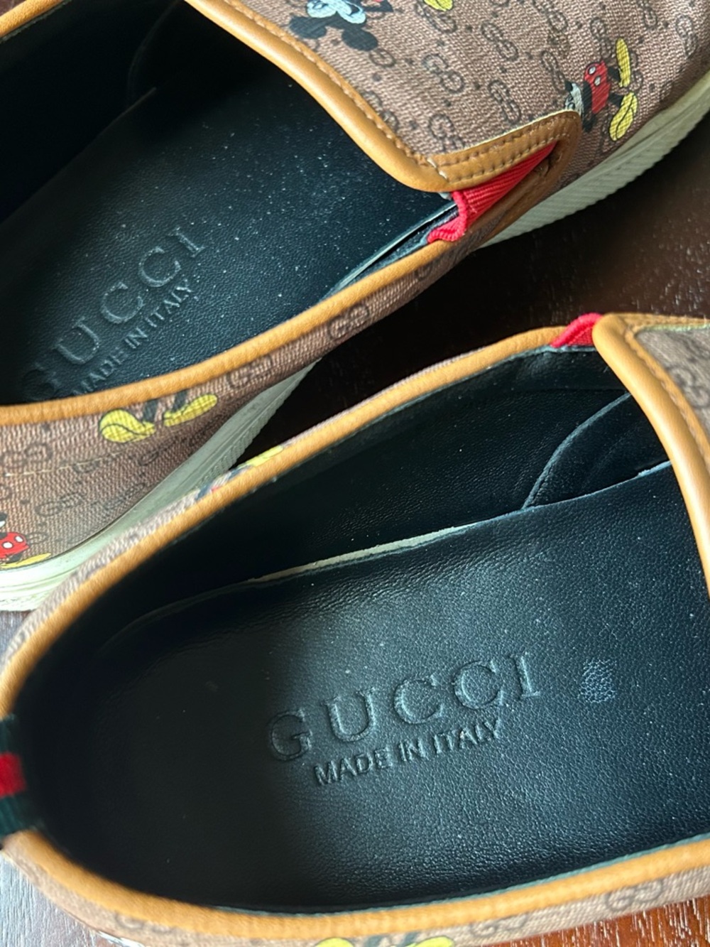 Gucci mens Brown Mickey Mouse Slip-On Sneakers with Red Accents - Picture 3 of 6